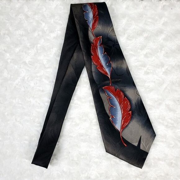 Tommy Bahama Feather Print Silk Tie Gray Red - Picture 1 of 8